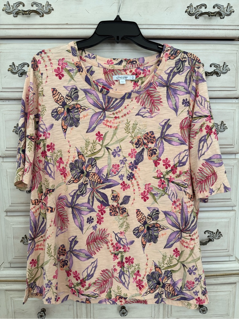 Chico's Cream Pink Floral Short-Sleeve Tee with Purple Accents